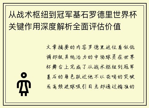 从战术枢纽到冠军基石罗德里世界杯关键作用深度解析全面评估价值