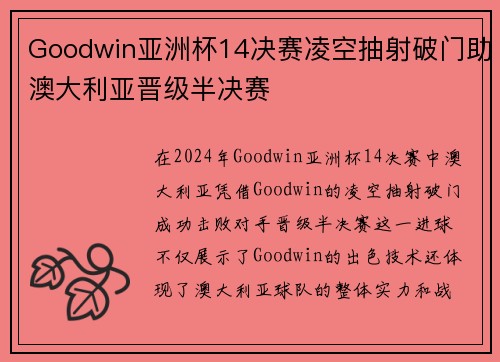 Goodwin亚洲杯14决赛凌空抽射破门助澳大利亚晋级半决赛
