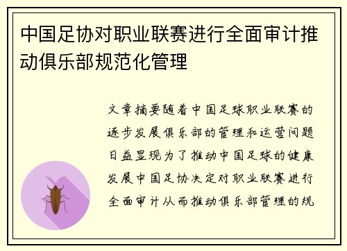 中国足协对职业联赛进行全面审计推动俱乐部规范化管理